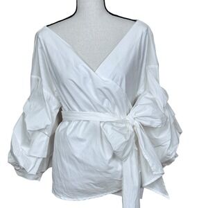 Pleione Wrap Top Women M White Ruffle Tiered Puff Sleeve Cotton V-Neck NWT